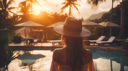Back view of young woman wearing hat and dress standing by swimming pool at sunsetの素材