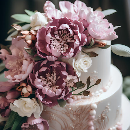 Wedding cake with pink and white flowers. Wedding cake decorated with peonies.の素材