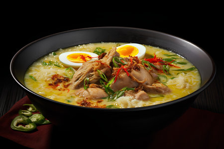 Rice soup with chicken and egg in black bowl on wooden tableの素材