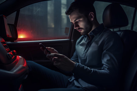 Handsome young man using mobile phone while sitting in the carの素材