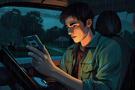 Vector illustration of a young man using a smartphone in the car.の素材