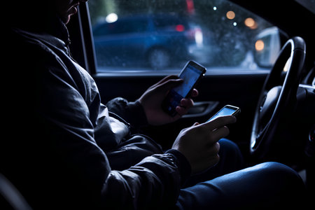 Man using mobile phone while driving a car at night, focus on handの素材