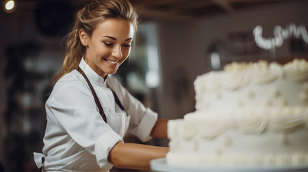 Beautiful young woman pastry chef is cutting a cake in a bakery.の素材