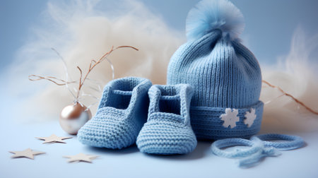 Blue knitted hat and baby booties on a blue background.の素材
