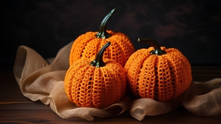 Knitted pumpkins on wooden background, Halloween still life with copy spaceの素材