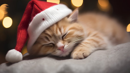 Cute little ginger kitten in red santa hat sleeping on christmas backgroundの素材