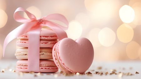 Macaroons with pink ribbon and heart on bokeh backgroundの素材