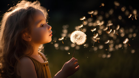 Cute little girl blowing dandelion seeds on dark background.の素材