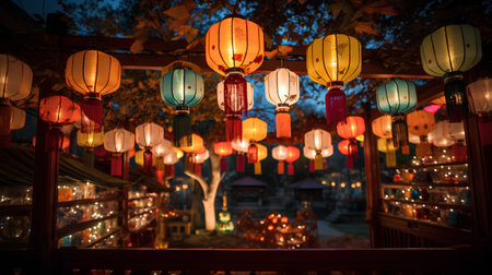 Hanging paper lanterns in the Chinese temple during the night.の素材