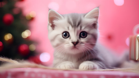 Cute kitten on the background of a Christmas tree and gifts.の素材
