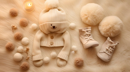 Flat lay of baby clothes and accessories on fur background, top viewの素材