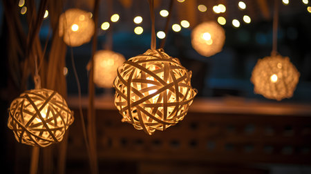Decorative light bulbs hanging on the ceiling. Bokeh backgroundの素材