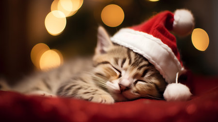 Cute tabby kitten sleeping in santa hat on Christmas backgroundの素材
