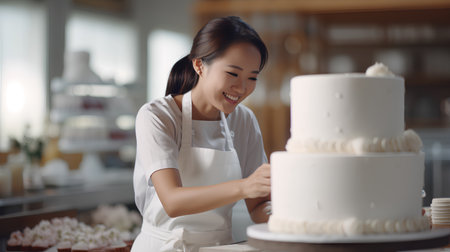 Beautiful young asian female confectioner decorating wedding cakeの素材