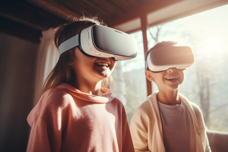 Happy girl and boy using virtual reality glasses at home. Future technology concept.の素材
