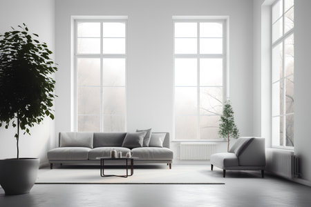 Interior of modern living room with white walls, concrete floor, gray sofa and armchair near window. 3d renderingの素材