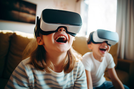 Happy little girl and boy in virtual reality goggles playing video game at homeの素材