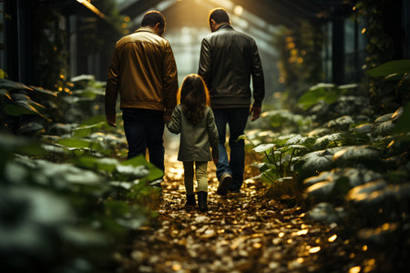 Back view of a family walking in the garden. Father, mother and daughter are walking together.の素材