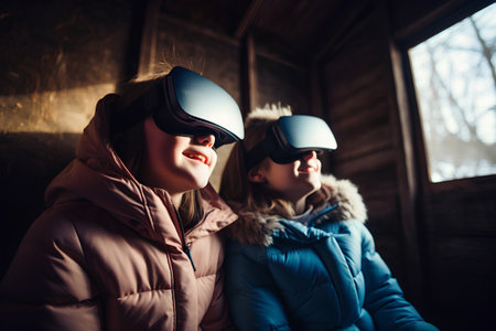 Two girls wearing virtual reality goggles in a wooden house on a winter day.の素材