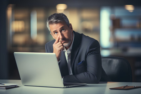 Portrait of a pensive mature businessman sitting at his desk with a laptop in the office.の素材
