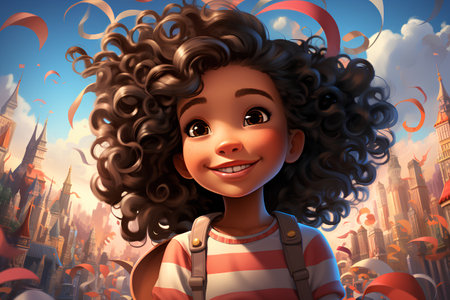 Cute african american girl with curly hair in front of famous landmarks backgroundの素材