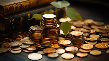 Stack of coins and a green leaf on the background of books.の素材
