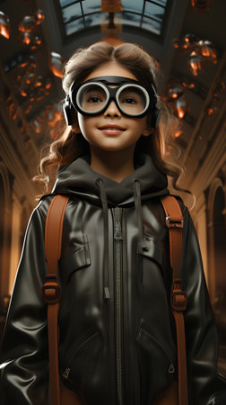 Portrait of a cute little girl in a leather jacket with a backpack. 3d rendering.の素材