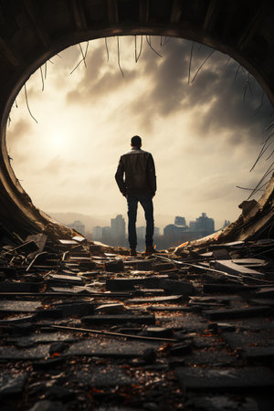 A man standing in the middle of a tunnel and looking at the cityの素材