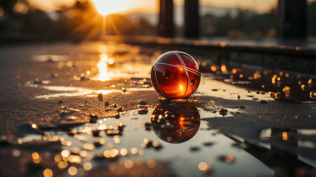 Easter eggs in a puddle on the background of the setting sunの素材