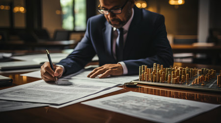 Businessman analyzing investment charts with laptop. Accounting and accounting concept.の素材