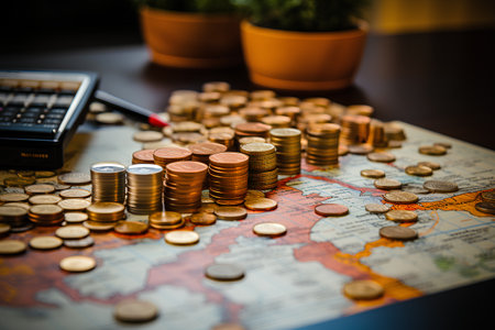 Coins and calculator on the world map. Business and finance concept.の素材