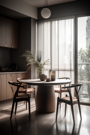 Interior of modern kitchen with black walls, concrete floor, wooden cupboards and round table with chairs. 3d renderingの素材