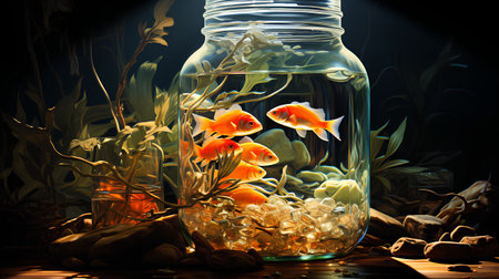 Goldfish in a glass jar. 3d illustration. Black background.の素材