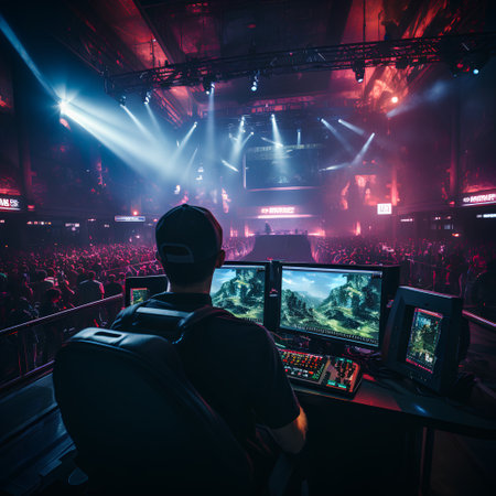 Professional gamer playing live music on the main stage in the night club.の素材