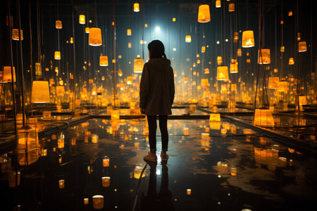 Woman in a dark room with chinese lanterns. 3D renderingの素材