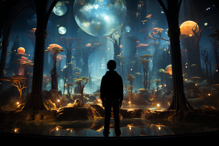 Man looking at the magic forest,3d rendering. Computer digital drawing.の素材