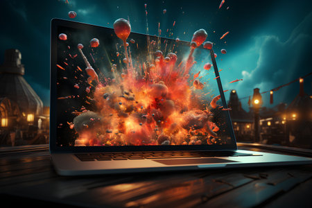 Composite image of fireballs exploding out of a laptop screenの素材
