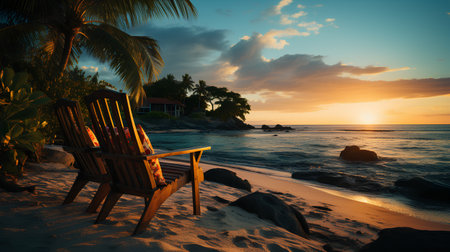 Wooden chair on the beach at sunset. 3D Renderingの素材