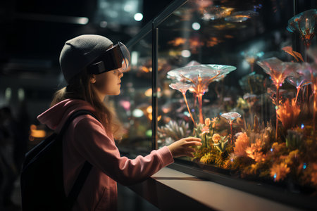 Little girl in virtual reality glasses is looking at a beautiful terrarium.の素材