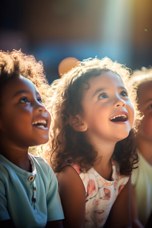 Portrait of cute little girls smiling and looking at camera in kindergartenの素材