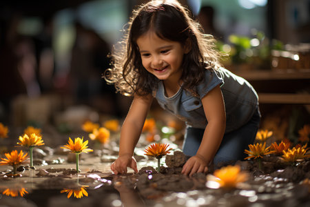 Little girl planting flowers in the garden, selective focus on the flowerの素材