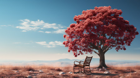 Autumn landscape with a lonely tree and chair. 3d renderの素材