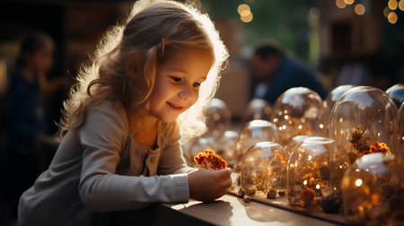 Adorable little girl with long blond hair sitting in a glass vase at the fair.の素材