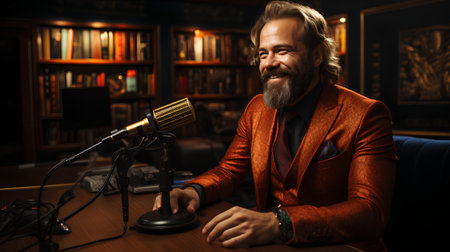 Portrait of an old man with a long gray beard and mustache in a brown jacket sitting at a table in a dark room with a microphone.の素材