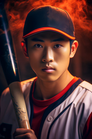 Portrait of young asian baseball player in cap with baseball bat.の素材