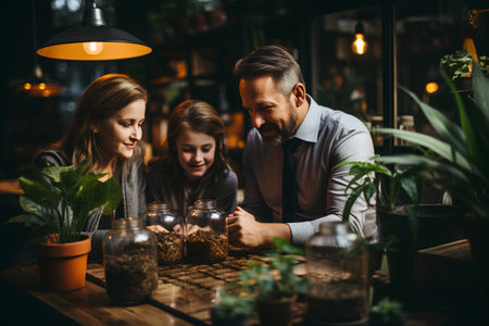 Group of young people working in a flower shop. They are looking at plants and smiling.の素材