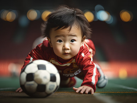Asian baby boy playing soccer on the field with bokeh backgroundの素材