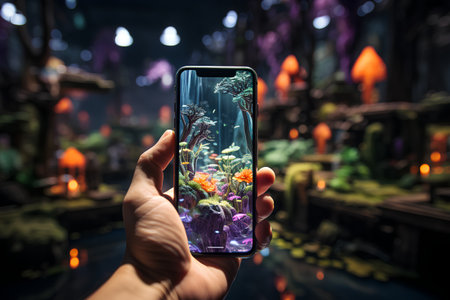 Smartphone in hand with a picture of the aquarium on the screen.の素材