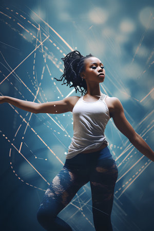 Young african american woman dancing against blue abstract background with linesの素材