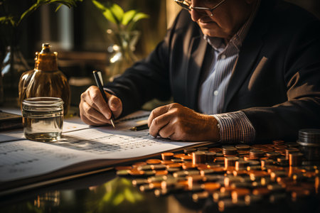 Businessman writing on notebook with coins and glass of whiskey on tableの素材